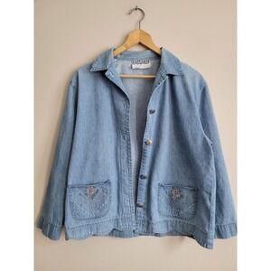 East West Vintage Denim Shirt Jacket Blue Floral Embroidered Scalloped Hem L